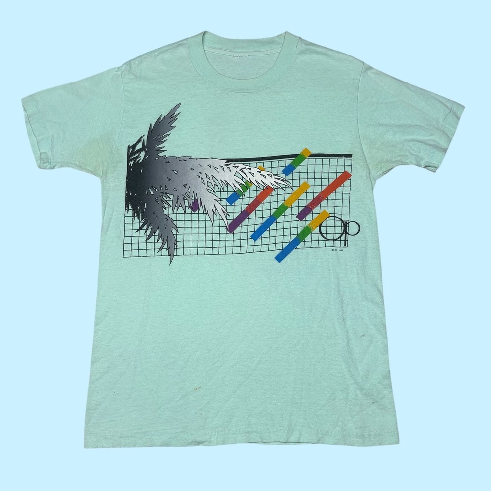 Vintage 1982 Ocean Pacific OP Graphic T-Shirt Mint Green 80s Surf Hibiscus S/M